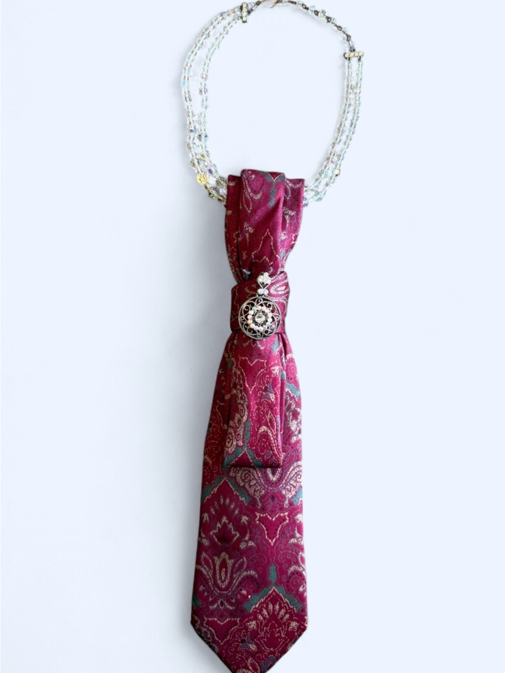 Vintage Silk Paisley Fuchsia NeckTie Necklace with AB Necklace with Rhinestones - Picture 2 of 4